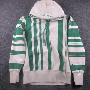 Champion Hoodie Mens Medium White Green Striped Reverse Weave Fleece Pullover